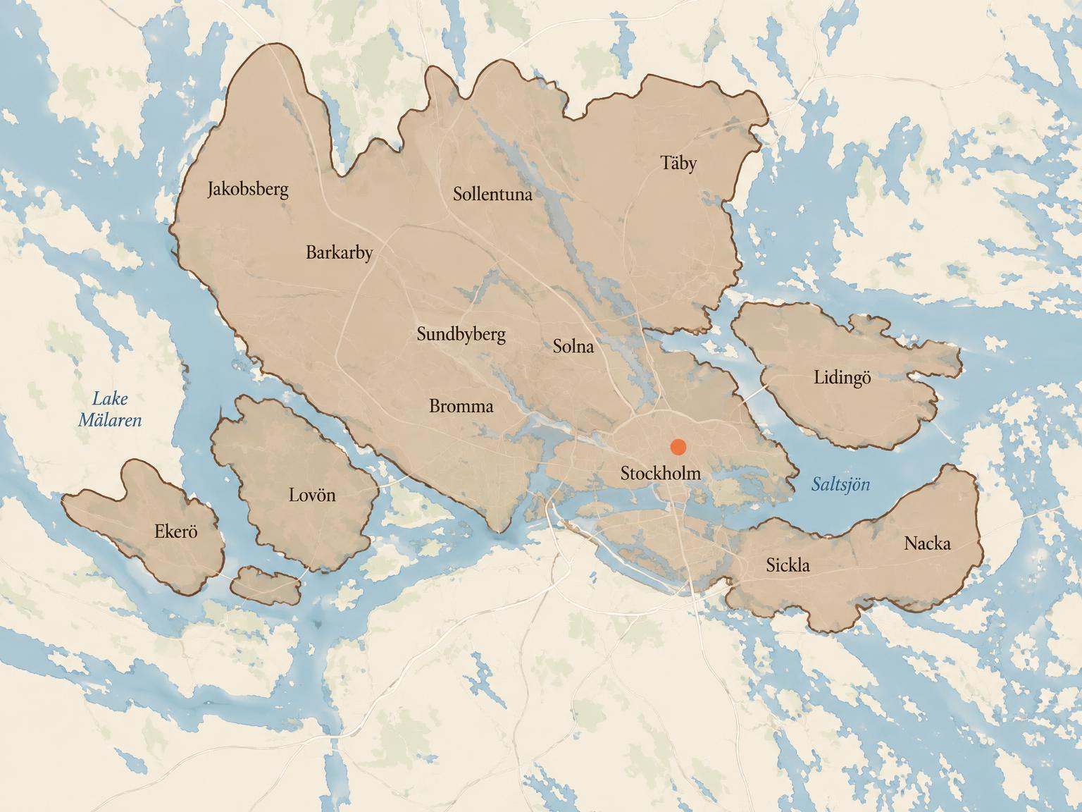 Karta över hemleveransområdet: Stockholm, Bromma, Solna, Sundbyberg, Sollentuna, Täby, Barkarby, Jakobsberg, Lidingö, Sickla, Nacka, Lovön och Ekerö